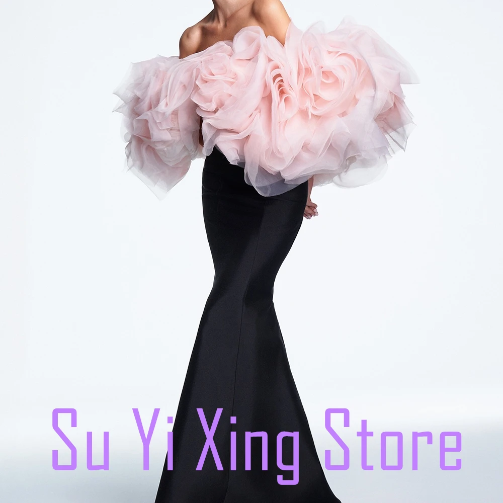 Satin Flowers Contrast Color Floor Length Boat Neck Sweep Train Open Back Strapless Mermaid Sleeveless Exquisite Evening Dress