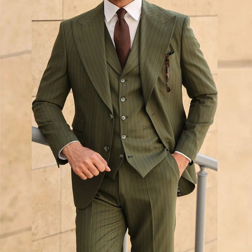 

Green Stripe Men Suits High Quality 3 Pieces Jacket Pant Vest Single Breasted Peak Lapel Male Clothing Stylish 2025 Popular