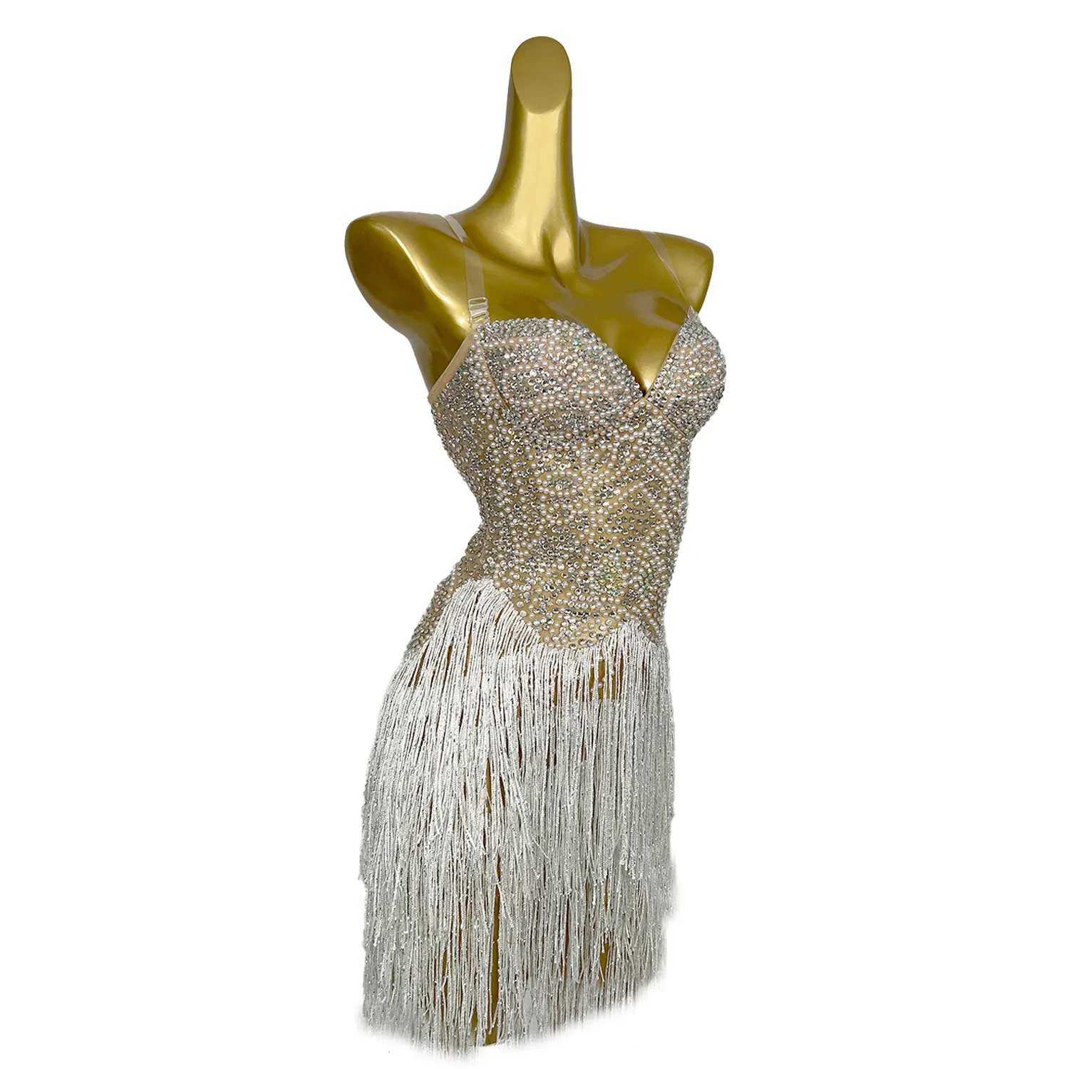 

Sexy V Neck Pearls Fringes Short Cocktail Prom Dress Women Bodycon Dinner Gown Singer Show Dance Wear Ladies Club Party Dress