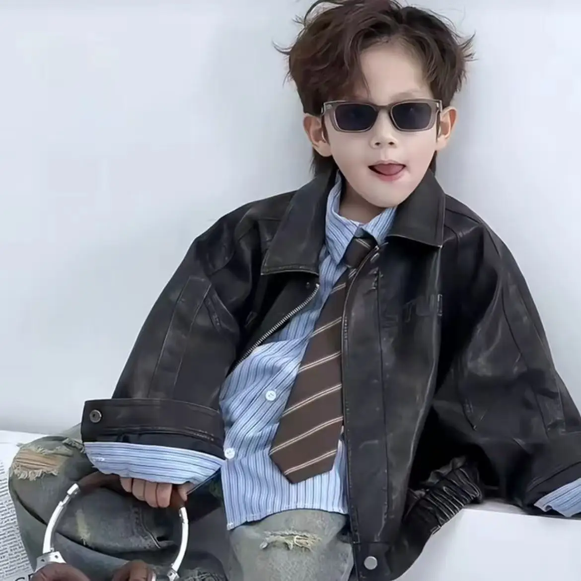 

School Boys PU Leather Jacket Cool Style Leather Coat for Kids Trendy Autumn Outerwear Casual Children Tops Clothes 90-140CM