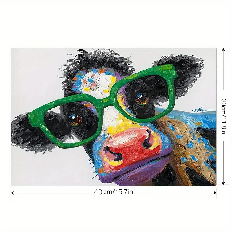 1pc frameless 1pc Colorful Graffiti Cow with Large Green Glasses Canvas Painting Wall Art Poster Farm Animal Kids Room Home Deco - view 3