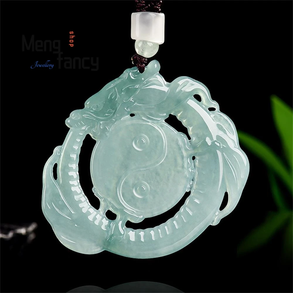 

Natural A-grade Jadeite Blue Water Longpan Taiji Zodiac Dragon Pendant Ice Seed Jade Stone Mascots Luxury Couple Fashion Jewelry