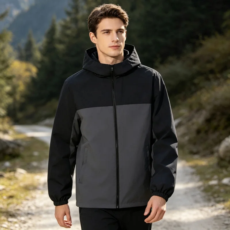 Men Clothing Hooded Spliced‑color Windbreaker Jacket Lightweight Waterproof Zipper Pocket Outdoor Tees Casual Sports Coat Tops