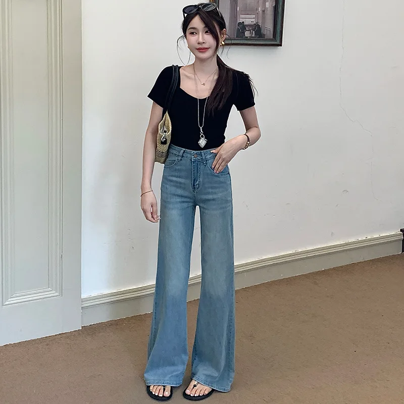 

Summer Thin Section Light Blue Wide-Legged Jeans Women's Pants High-Waisted Thin Drape Loose Straight Dragging Pants Tencel Jean