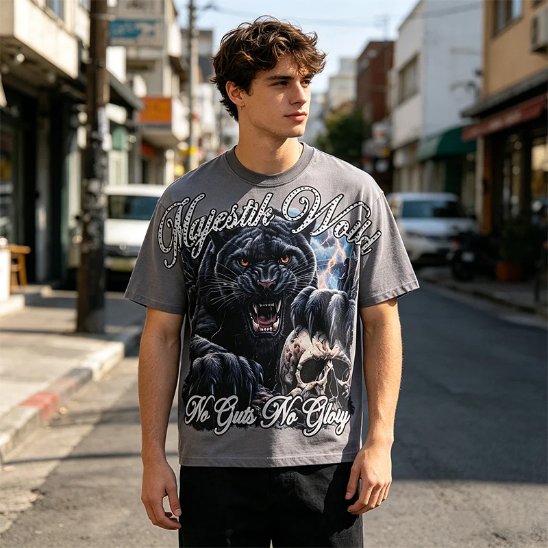 Panther-Schädel Tierdruck T-Shirt für Herren Vintage Gewaschenes Strass-Oberteil Übergroßes T-Shirt Streetwear Baumwolle Rundhals-Kleidung Sommer – Detail 4