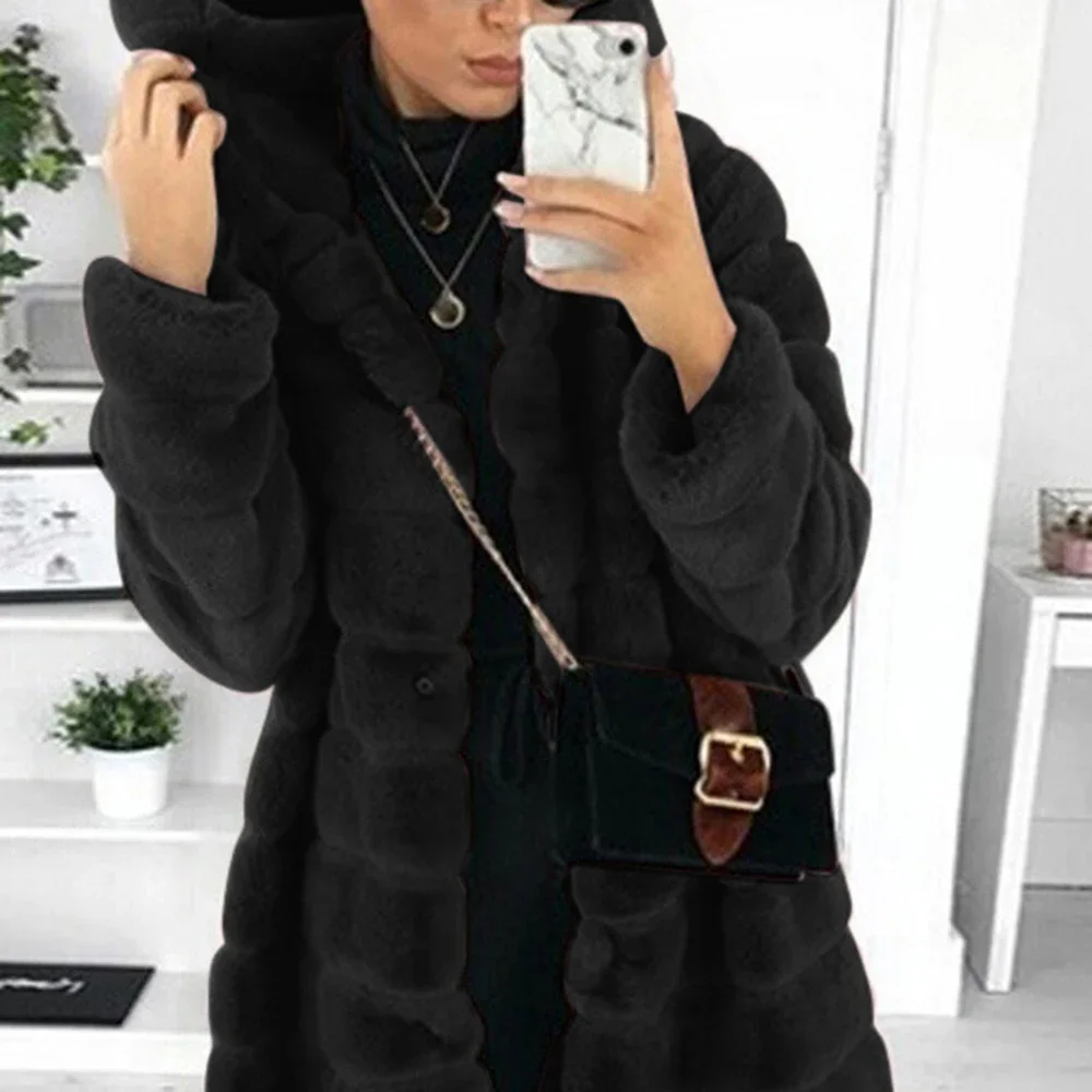Plus Size Winter Warm Daily Black Solid Plush Thickened Hooded Long Sleeve Faux Fur Loose Long Winter Coat
