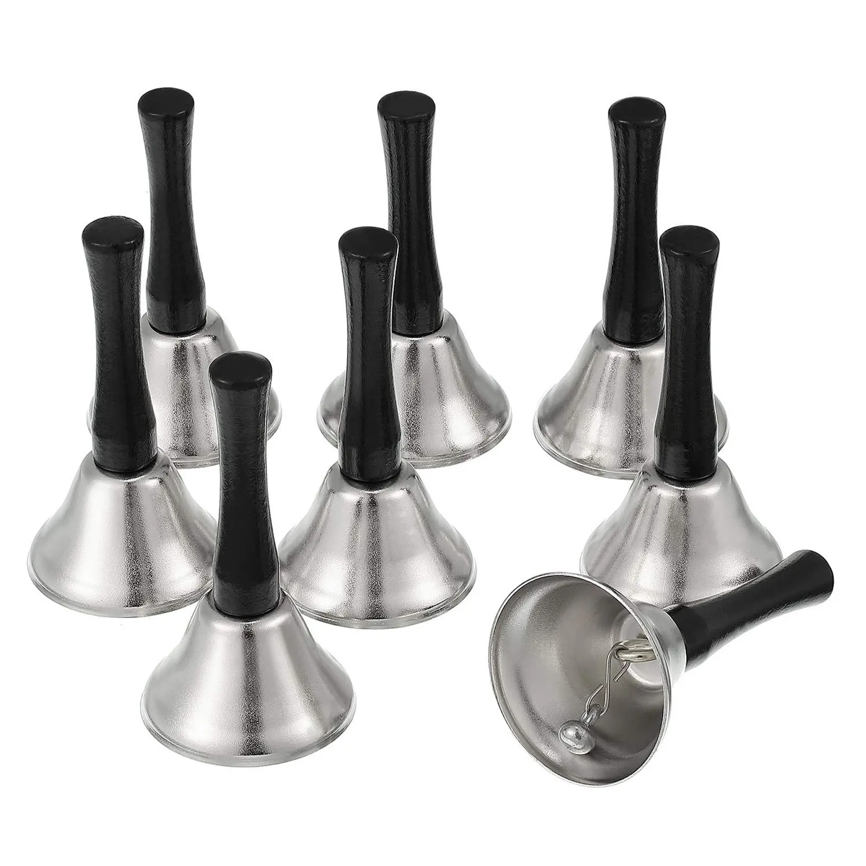 

HOES-48X Hand Bells Silver Steel Service Handbells Black Wooden Handle Diatonic Metal Bells Musical Percussion (Nickel White)