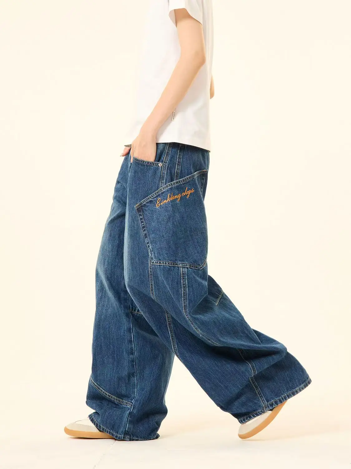 

American retro patchwork blue women jeans washed with multiple pockets Gothic Harajuku loose high waisted casual jeans y2k pants