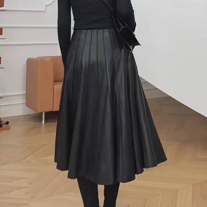 Charming Pleated Skirt Women Harajuku Heavy Industry 100% Leather Patchwork Long Faldas Female Slim Gothic Cothes Jupe Longue