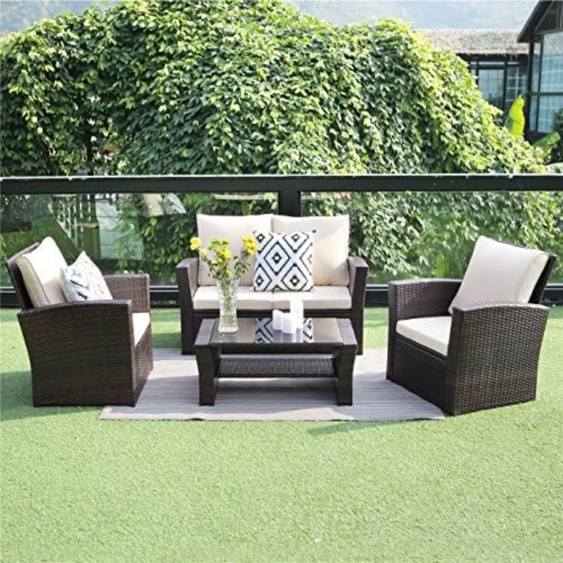 4 Piece Patio Furniture Sets, All-Weather Wicker Conversation Sets, Outdoor Rattan Sectional Sofa Chair with Cushions