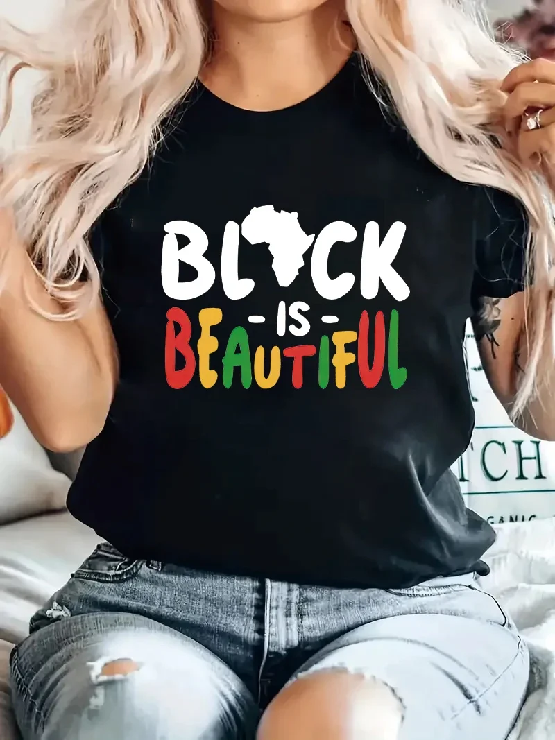 Africa Map Black is Beautiful Personalized letter women's top round neck T-shirt fashionable short sleeved trendy creativity