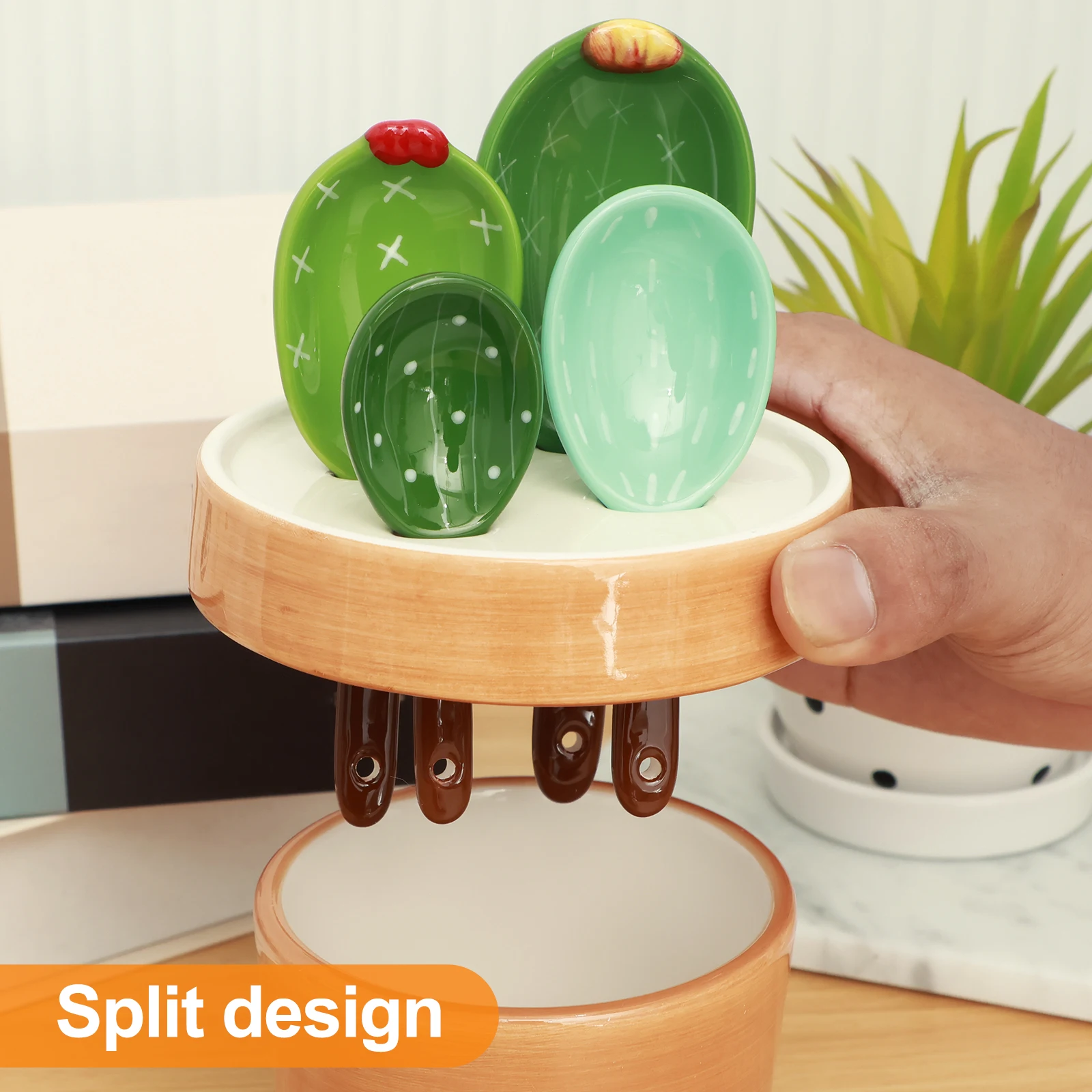 4Pcs Porcelain Measuring Spoons Set with Base Cute Cactus Shape Stirring Soup Spoon Reusable and Durable for Kitchen Tools