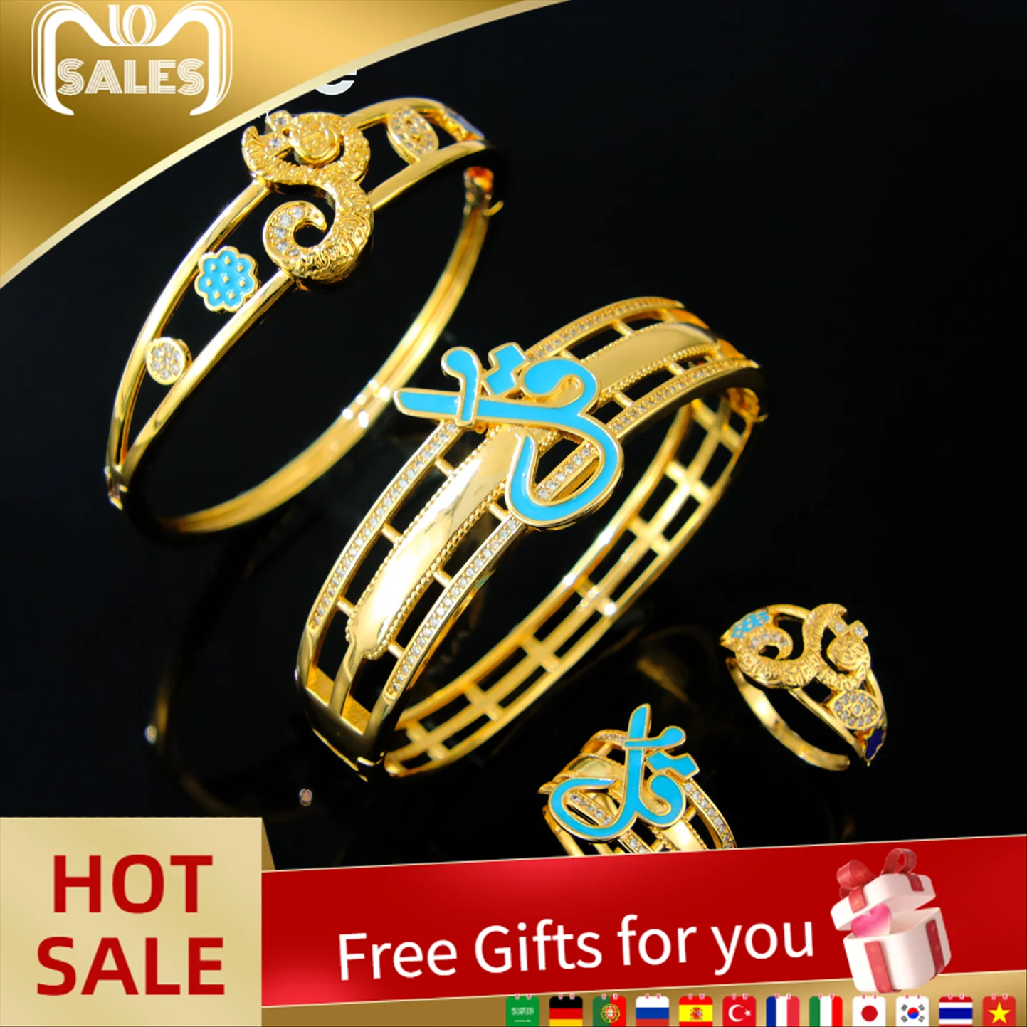 

Luxury Dubai Gold Plated Jewelry Set 21k Gold Color Saudi Muslim Fashion Cuff Bangles Oman Women Event Party Trending Jewelry