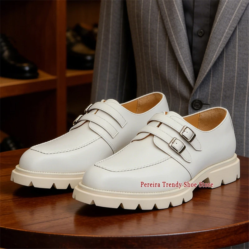 White Leather Double Buckle Formal Shoes British Style Cowhide Thick Soled Derby Shoes Trendy Men's Banquet Wedding Dress Shoes