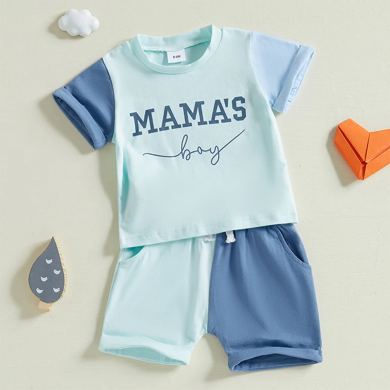 Conjunto de 2 piezas de trajes de Color contrastante para bebés de 0 a 3 años, camiseta de manga corta con estampado de letras + pantalones cortos de cintura elástica con bolsillos