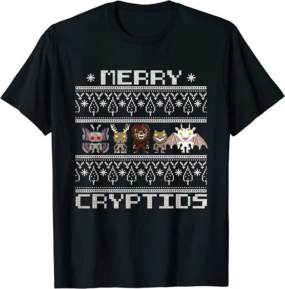 New Merry Cryptids Ugly Christmas Bigfoot, Mothman Wendigo Funny T-Shirt USA Tee