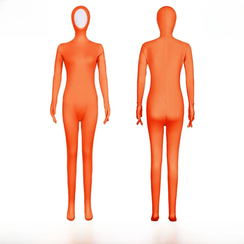 Orange Unisex Full Face Covering Onesie with Hands Stage Performance Zentai Pure Color Tight Suit Face Exposure One-Piece Suit