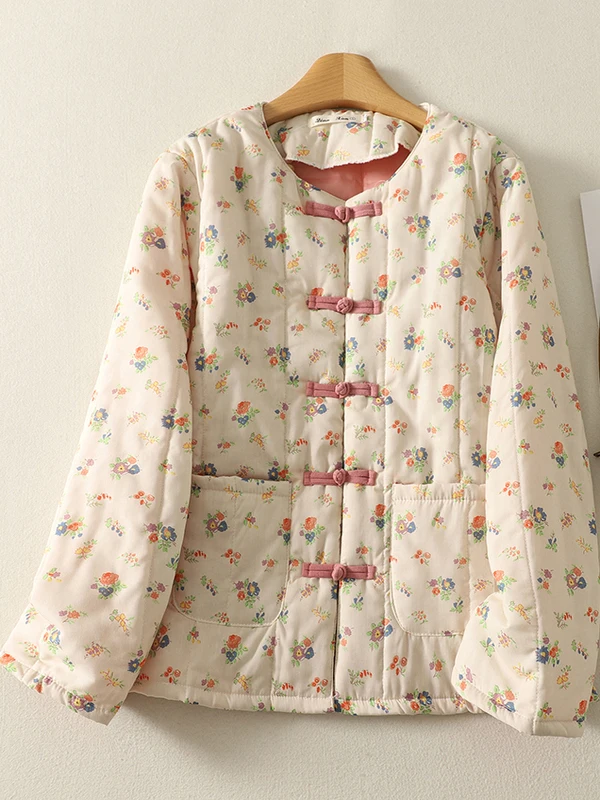 

Thiened Cotton Floral Print Traditional Chinese Sle Women's Jaet with Button Loose Fit Long Sve Warm Outerwear