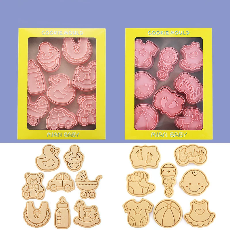 8 Pcs/Set Baby Theme Biscuit Mould Cookie Cutter 3D Cartoon Biscuits Mold Plastic Baking Cookie Stamp Cookie Decorating Tools