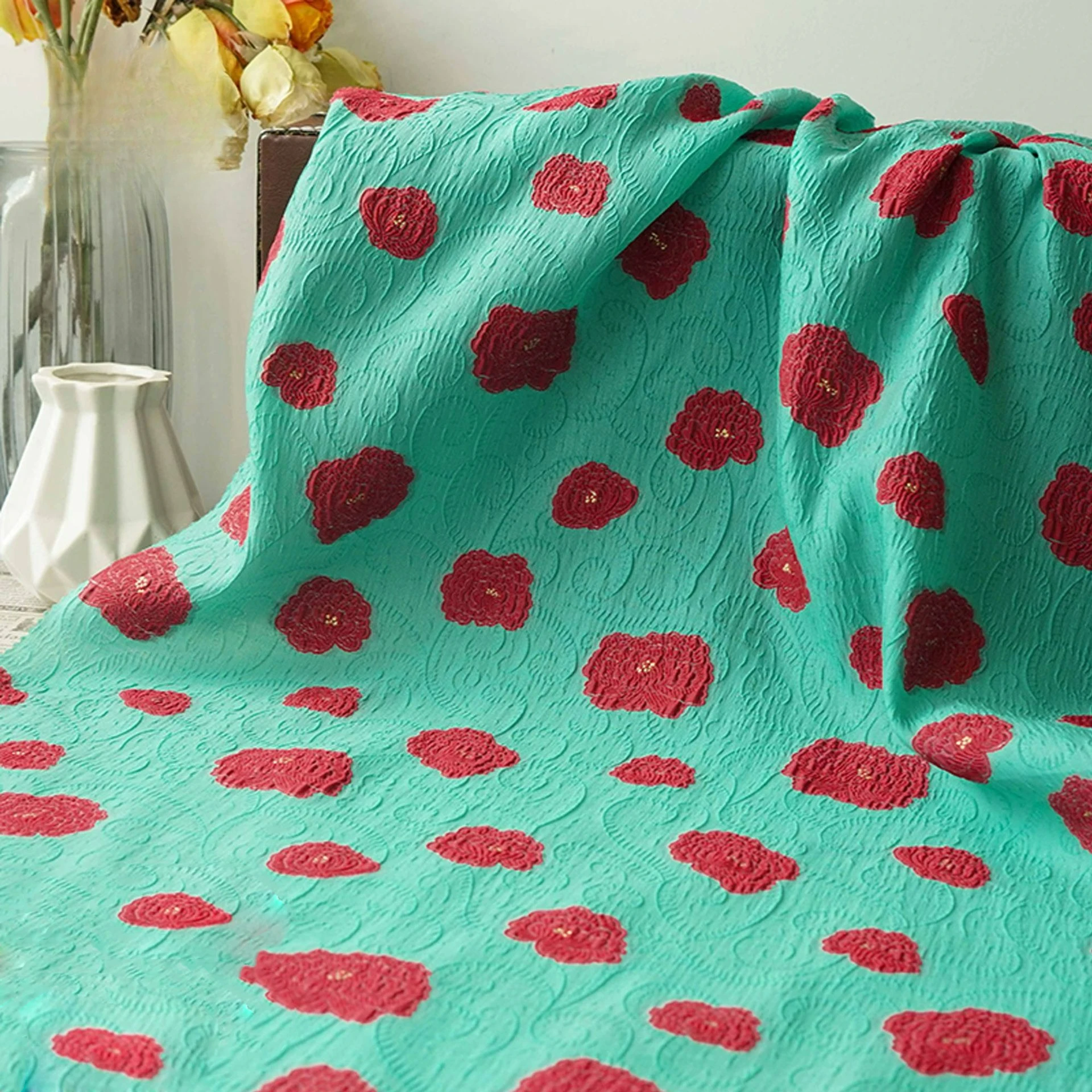 

Green Background Red Flowers Gold Silk Jacquard Fabric Elegant Dress Gown Woven Decorative Sewing Fabric