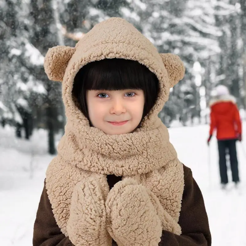 Gorro de invierno con dibujos para niños, bufanda con orejas de oso, conjunto de guantes y bufanda 3 en 1, gorros de felpa informales para mantener el calor, bufanda gruesa para el cuello