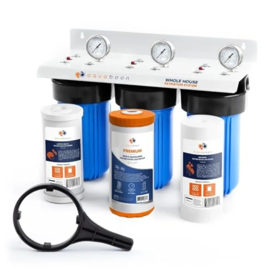 

Трехступенчатая система фильтрации воды для скважинного водопровода с фильтром 5 микрон 10x4.5 для очистки воды, снижения содержания осадка, углерода и хлора