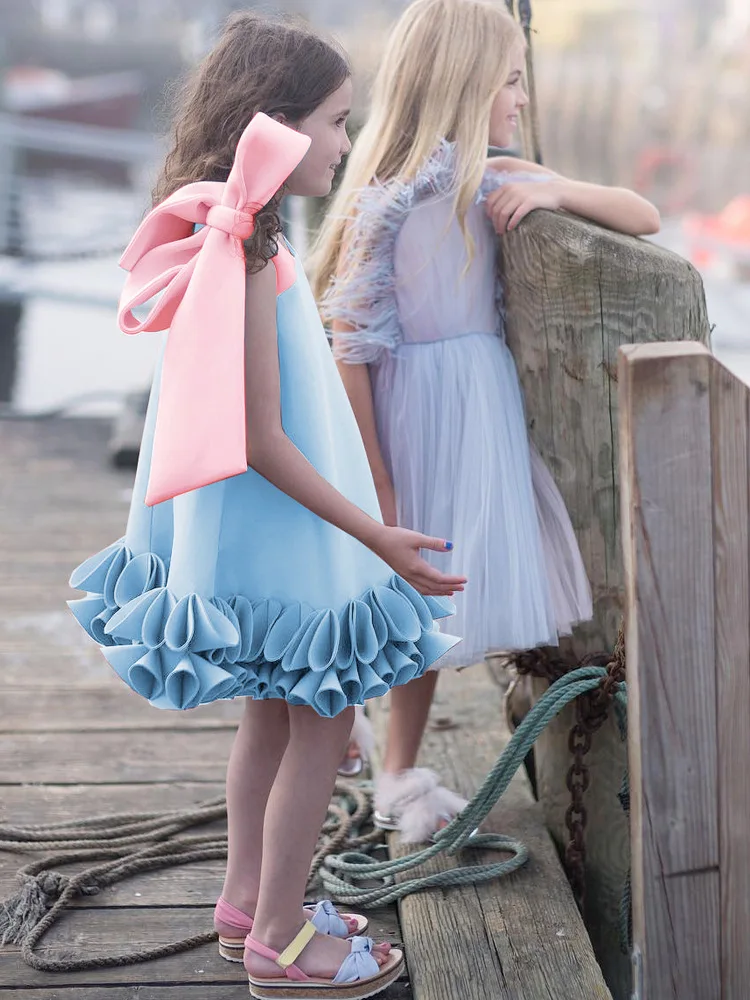 

Eid Girl Sleeveless Birthday Party Dress Summer New Ruffles Luxury Princess Show Dress Children Bow Wedding Vestidos Clothes