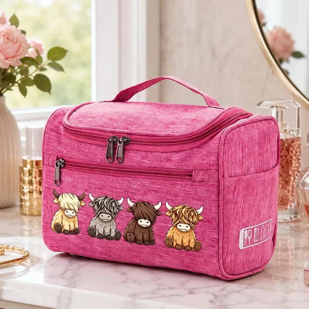 Kosmetiktasche, tragbare Toilettentasche mit Highland-Kuh-Motiv und Tragegriff, vielseitige Tasche mit mehreren Fächern zur Aufbewahrung von Wasch- und Kosmetikartikeln für Damen, ideal für Reisen und den täglichen Gebrauch. – Detail 1