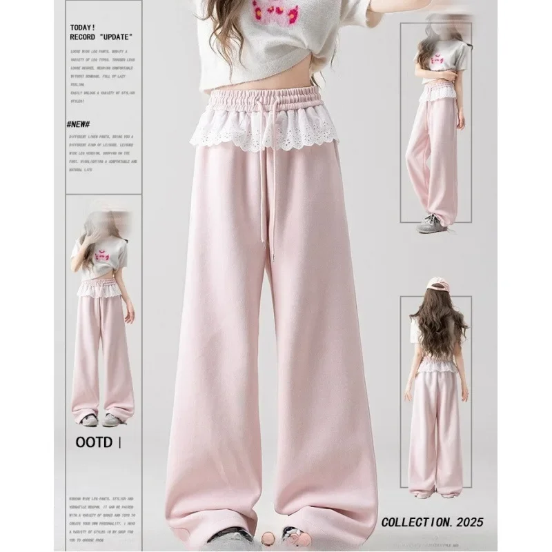 الوردي الدانتيل الربط تصميم واسعة الساق السراويل النسائية فضفاضة عارضة Sweatpants ربيع جديد نمط التخسيس تأثير مريح صالح