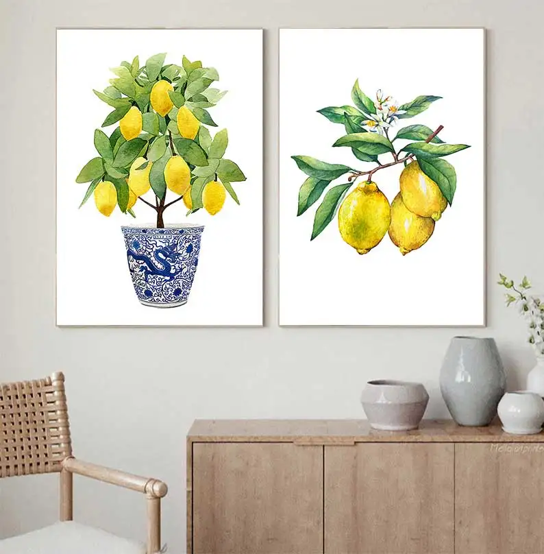 الليمون طباعة الصينية زارع بونساي قماش اللوحة زن ديكور الفن الشرقي الأزرق الأبيض الصفصاف نمط الليمون المشارك ديكور المطبخ #4