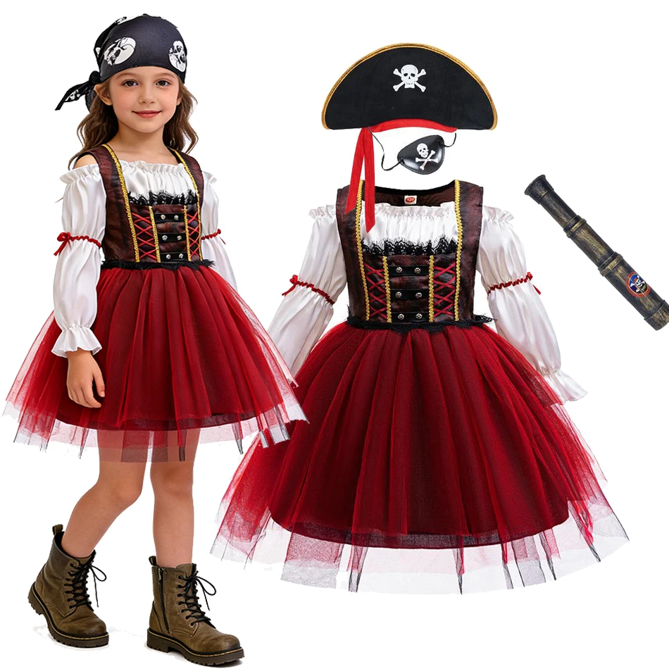 Pirate Costume for Girls Kids Deluxe Red Tulle Tutu Dress for Carnival Dress Up Stage Performance Halloween Cosplay Outfit