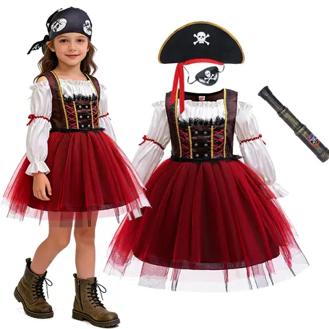 Pirate Costume for Girls Kids Deluxe Red Tulle Tutu Dress for Carnival Dress Up Stage Performance Halloween Cosplay Outfit