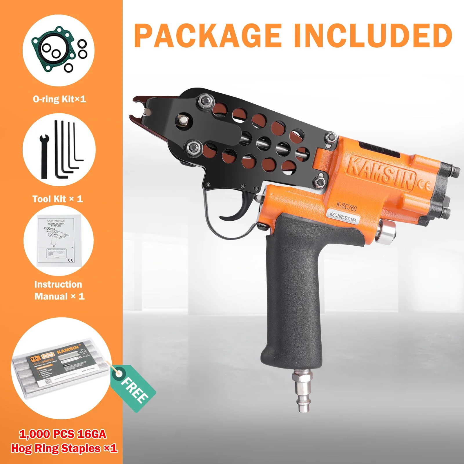 

KAMSIN K-SC760 16 Gauge Pneumatic C-Ring Gun, 3.0-4.8mm Dia., 1/2 Crown Staples, Air Hog Ring Gun Hog Ring Plier for Bird Cages
