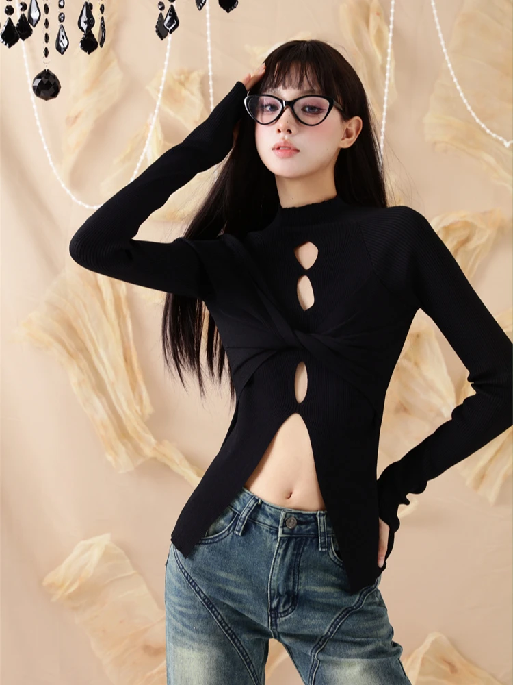 CHEERART Cut Out Kink Knitwears Long Sleeve Knitted Tops For Women 2023 Winter Autumn Designer Sweater Y2k Fashin Clothes