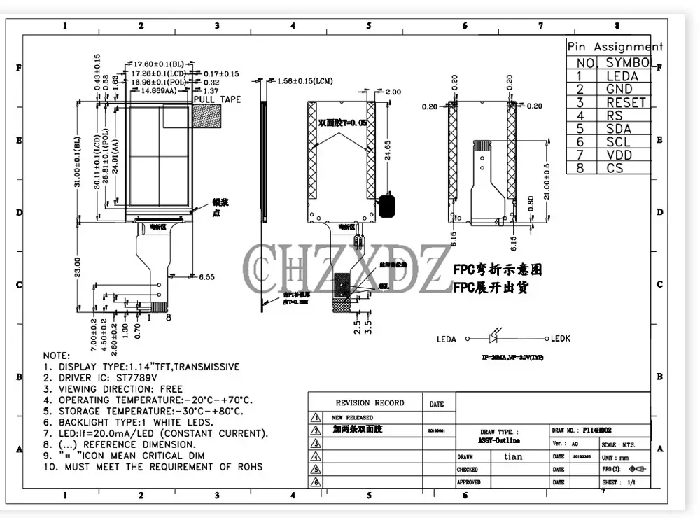 Pantalla TFT de 1,14 pulgadas, nueva pantalla LCD IPS, resolución de 135x240, unidad ST7789V