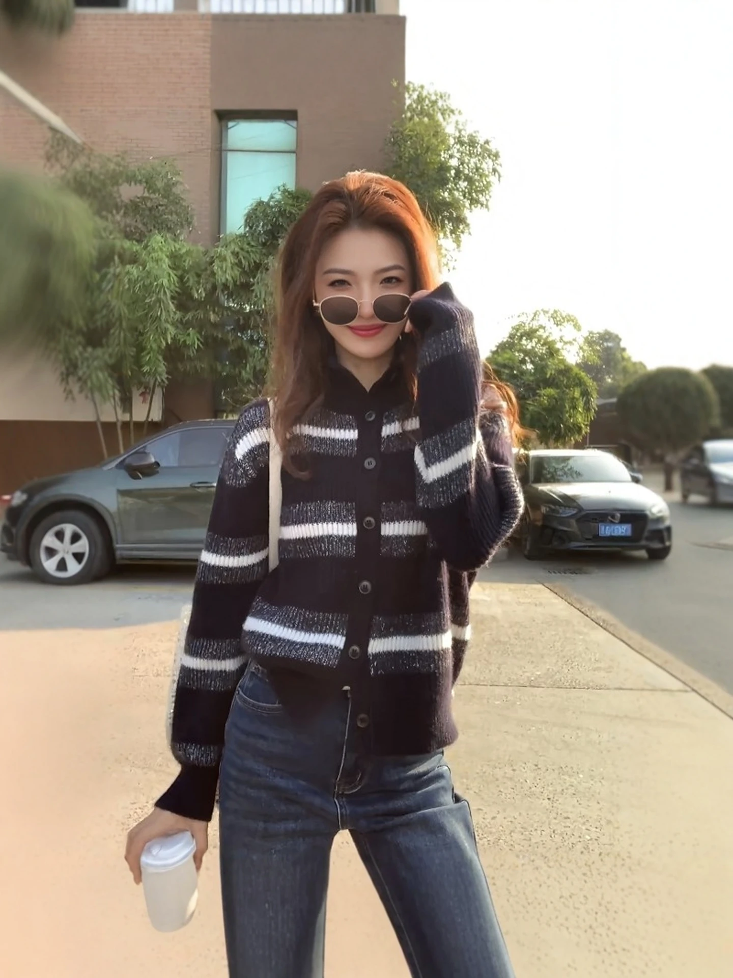 Korean Style Red Striped Knitted Sweater Coat Women's Loose Top 2026 Autumn Winter New Lazy Style Casual Fashion