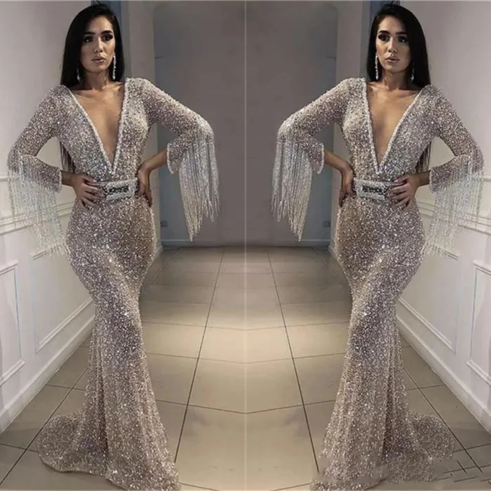 

Dubai Luxury Saudi Evening Dresses 2024 Tassel Long Sleeves Deep V-Neck Sexy Low-Cut Sequin Mermaid Prom Cocktail Party Dress