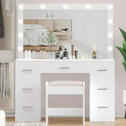 Vanity Desk with Stool, Makeup Table with Lighted Mirror, Brightness Adjustable, Dressing with Drawers, Bedroom Vanity Table Set