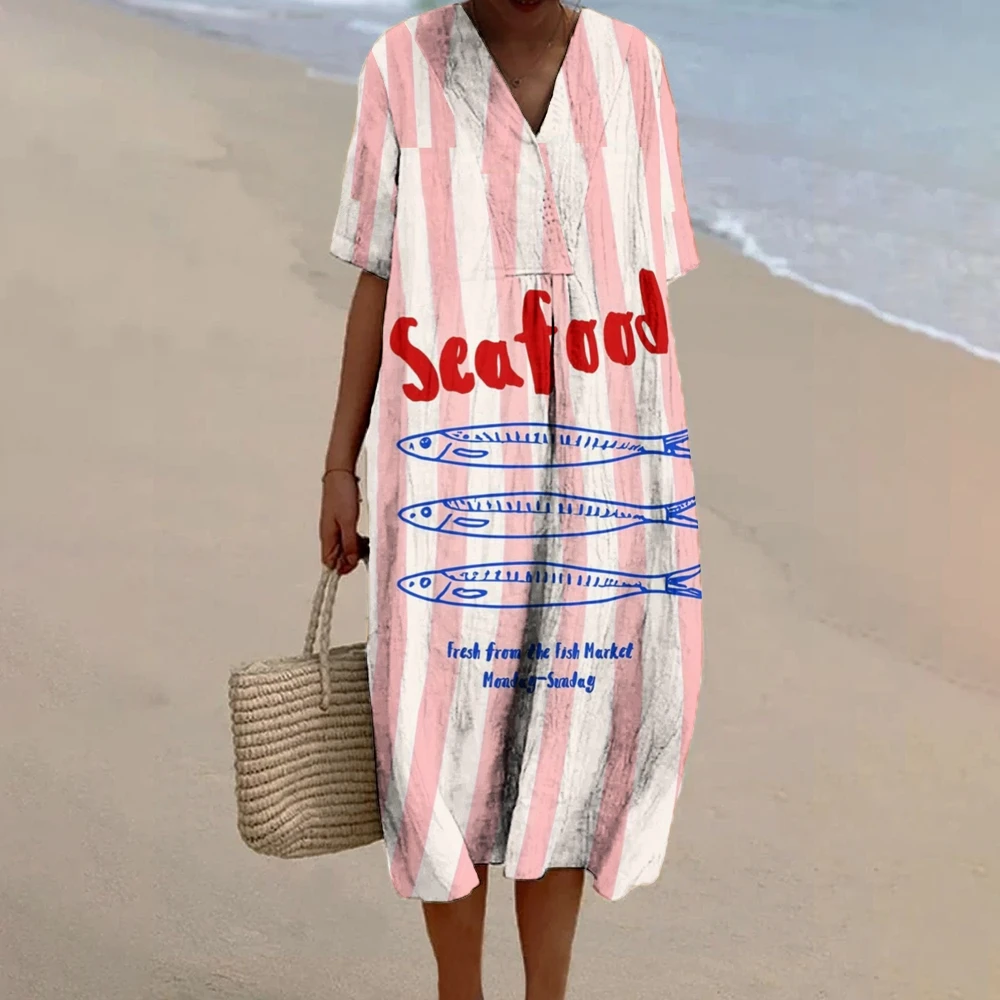 

Women's Sardine Print Sundress Plus Size Sleeveless Pink Seaside Vacation Clothing Art Style Jumper Skirt V collar Top Summer