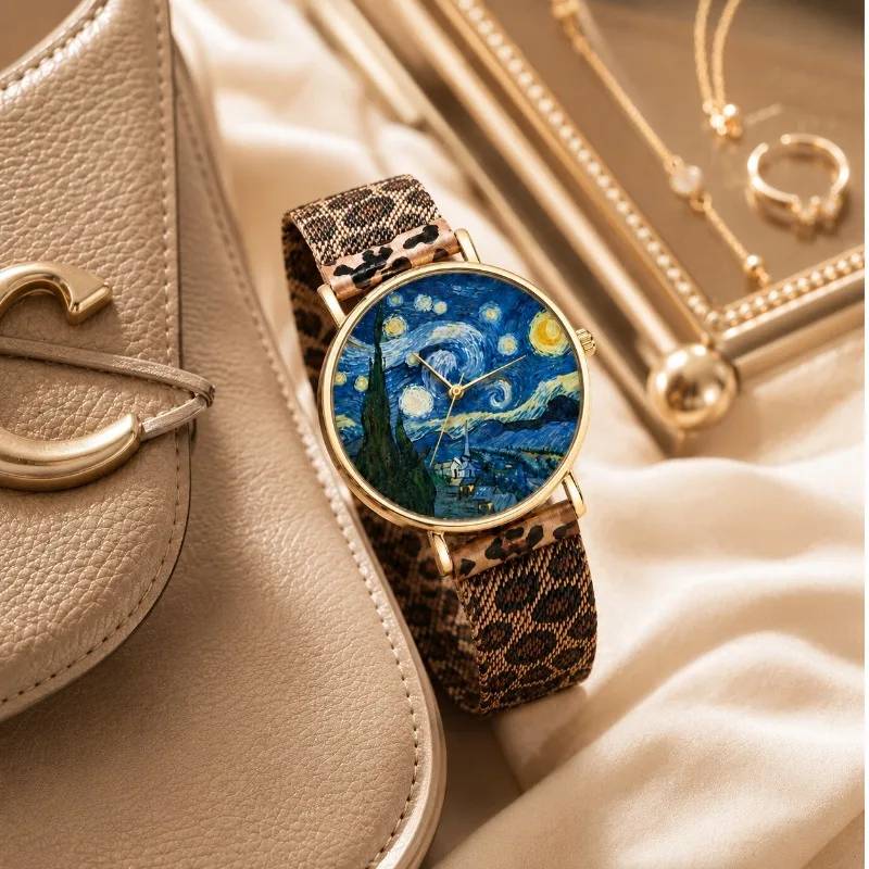 Fashion Women Quartz Wristwatch Classic Oil Painting Dial Round Case Leopard Pattern Mesh Strap Ladies Watch Daily Jewelry Gift