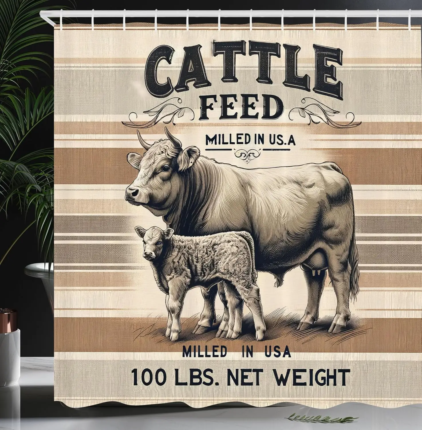 

Farmhouse Shower Curtain Vintage Paint Retro Cattle Feed Lettering Cow Calf Stripped Almond Beige Black Decor Hooks