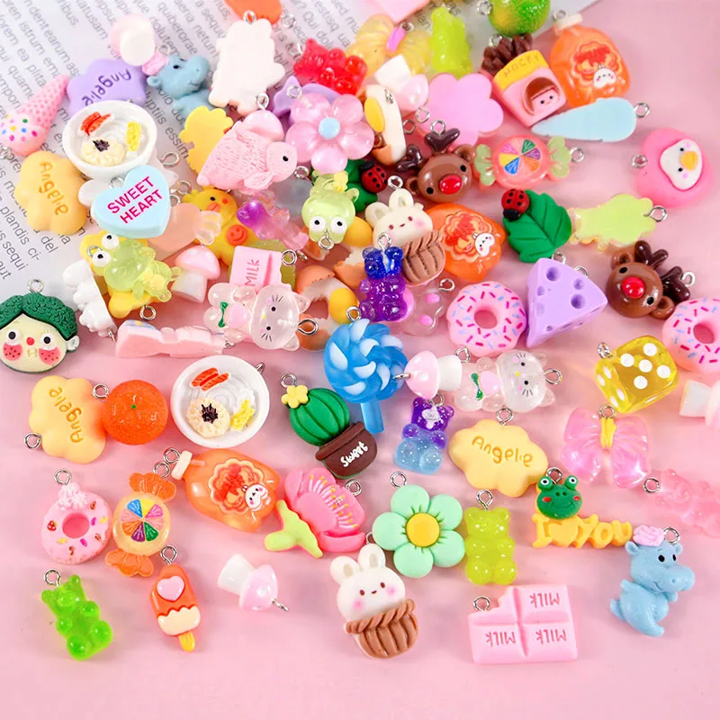 10Pcs Rndomly Mix Colorful Resin Animal Fruits Food Flower Pendants For DIY Jewelry Earring Bracelet Making Accessories