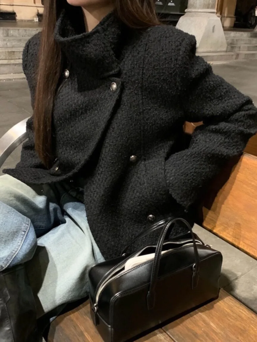 Black Woolen Coat Short Stand Collar Jacket for Women Autumn Winter New Style Korean Style Inner Wear Regular Fit Street Style