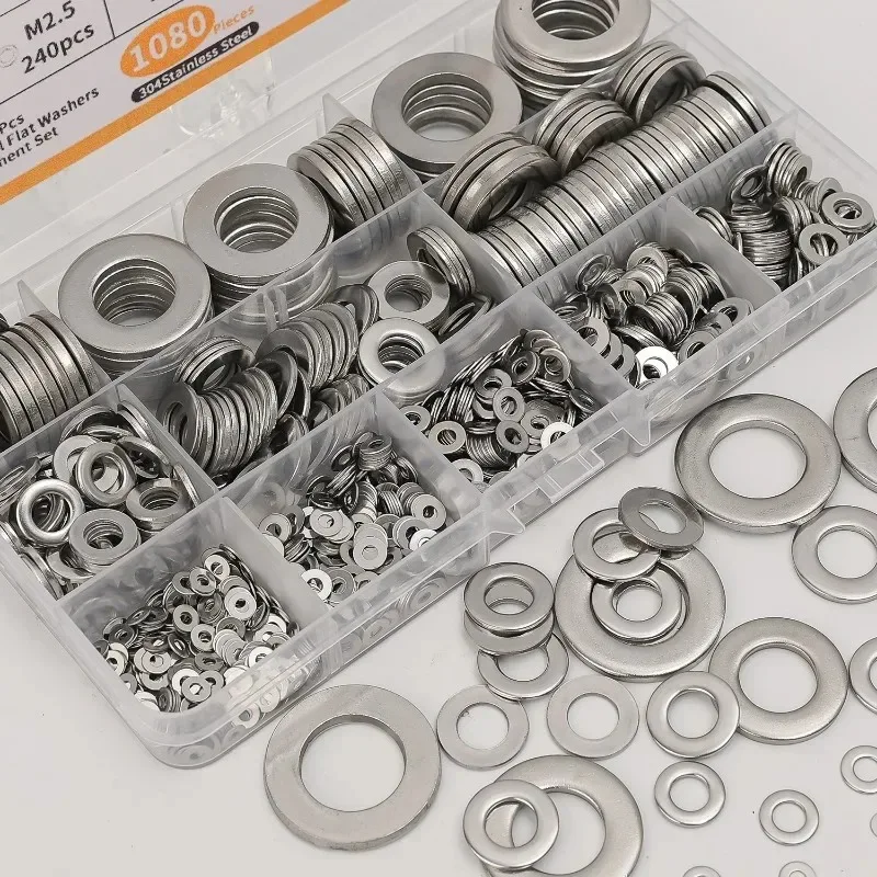 M2-M16 Stainless Steel Flat Washer Multi-function Plain Washer Gaskets Assortment Kit Screw Washers Hardware Metal Round Washers