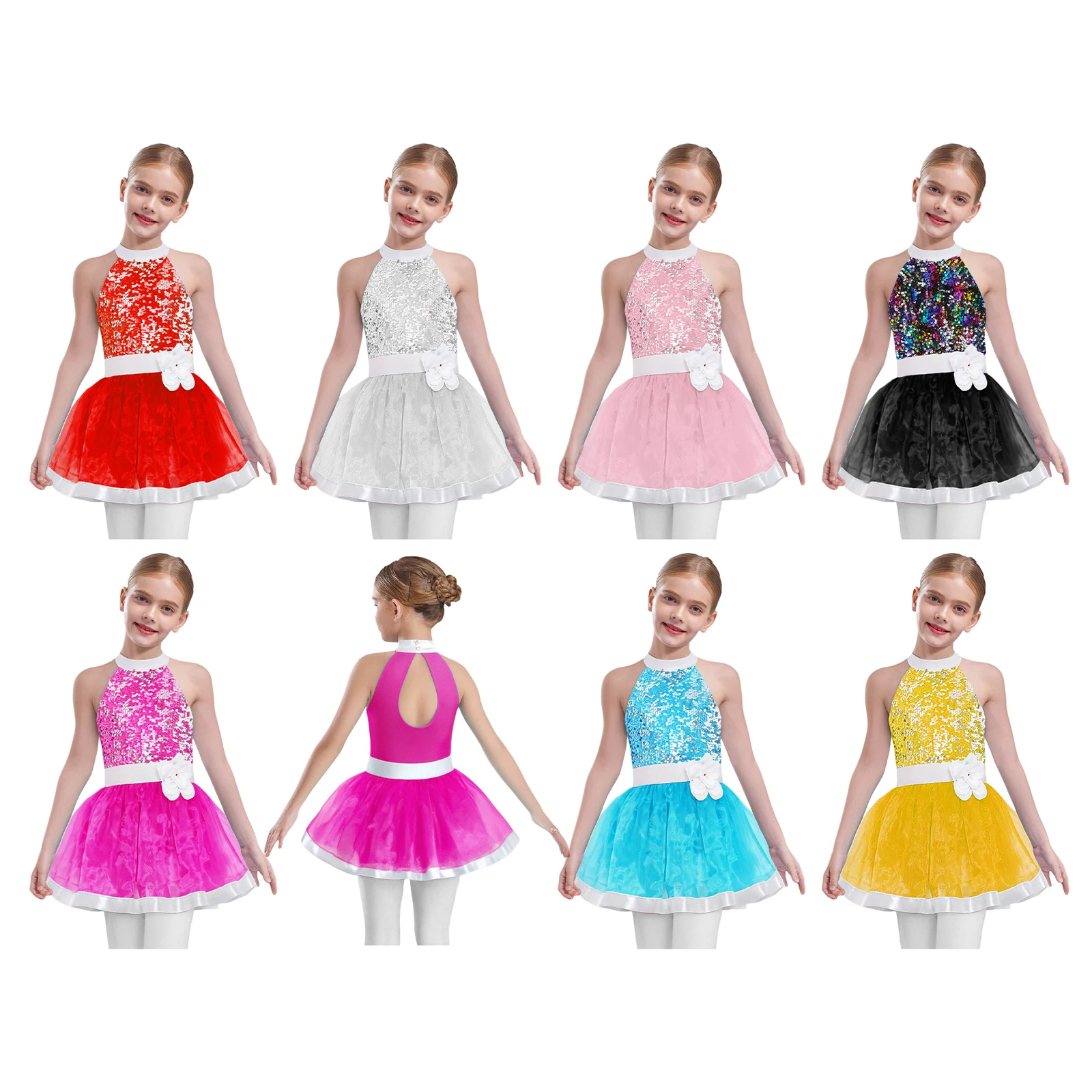 Sukienka baletowa dla dziewczynek z cekinami, kokardą i wszytymi majtkami, idealna na występy sceniczne.