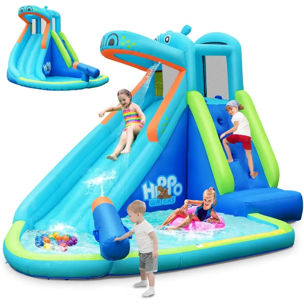 สไลเดอร์น้ำเป่าลม รูปทรงฮิปโป สำหรับสนามหลังบ้าน พร้อมผนังปีนป่ายและสไลเดอร์ ใช้ได้ทั้งในร่มและกลางแจ้ง