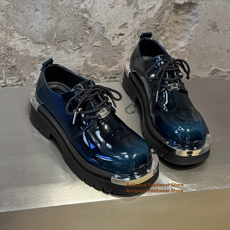 Glossy Patent Leather Platform Derby Shoes Metallic Toe Lace -Up Thick Sole Casual Shoes Punk Gothic Platform Shoes Men's Shoes