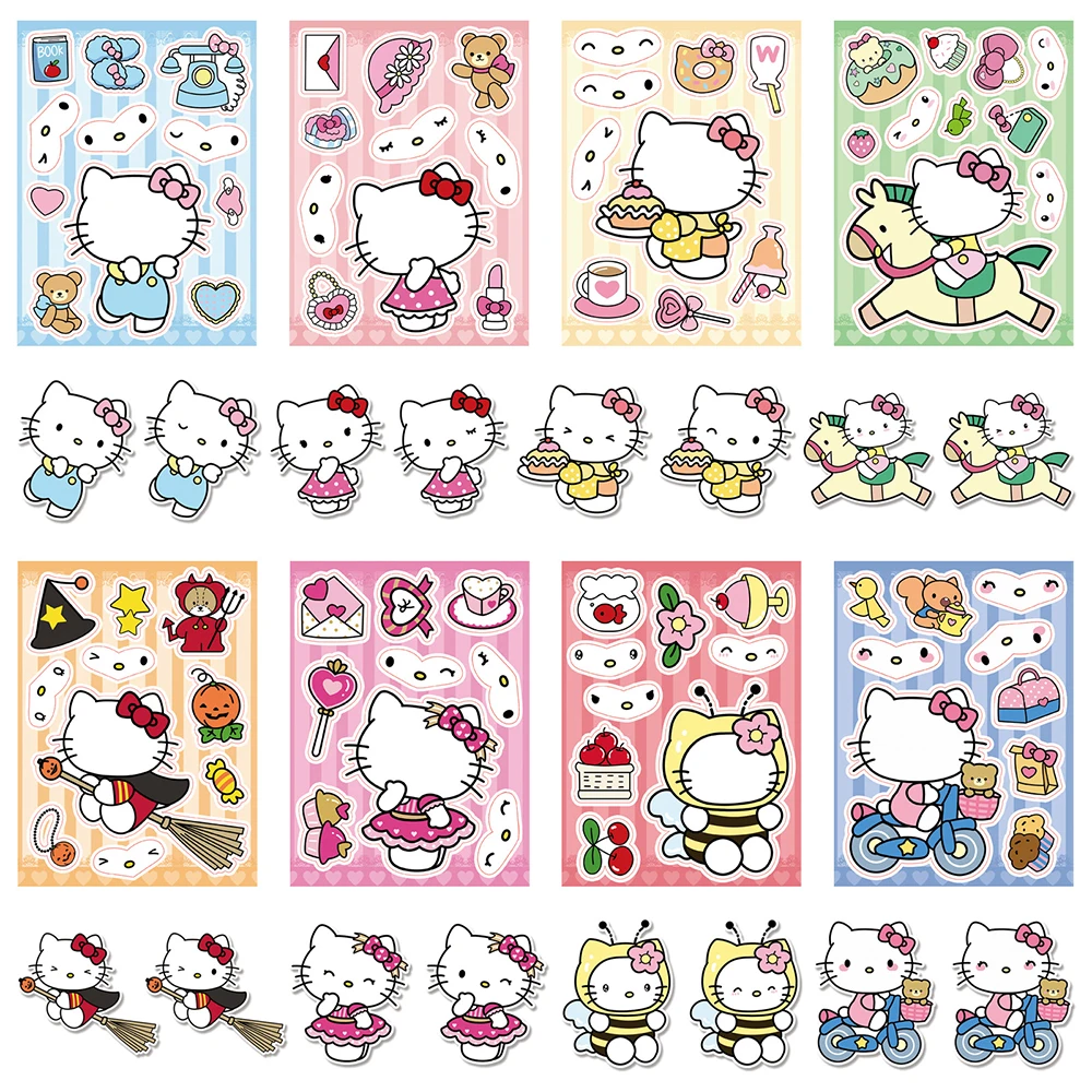 

8/16sheets Cute Cartoon Sanrio Hello Kitty Puzzle Stickers Make a Face Children Fun Party Game Assemble Jigsaw Toy Decals Decor