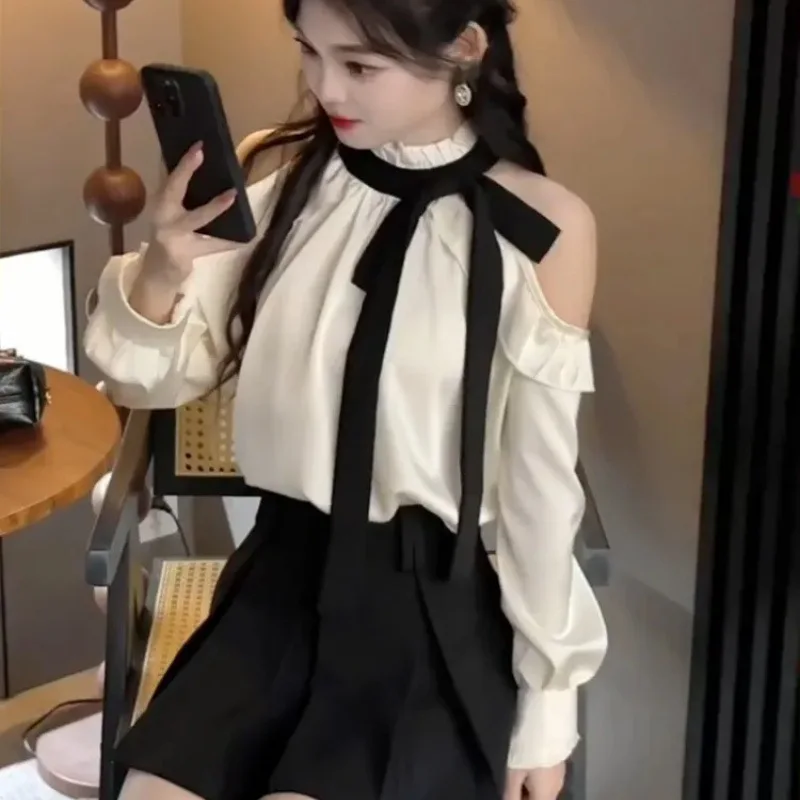 النمط الفرنسي الكتف عارية قميص أعلى ونصف تنورة قطعتين مجموعة المرأة تصميم الأزياء لباس غير رسمي نسيج البوليستر #4