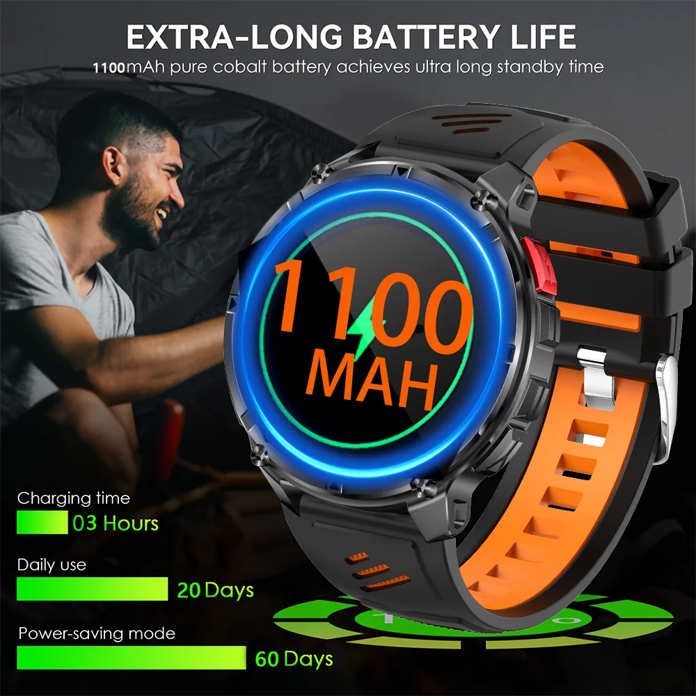 1100mAh بطارية Smartwatch 1.7 بوصة مصباح ليد جيب BT دعوة في الهواء الطلق ساعة ذكية الرجال النساء الرياضة البوصلة مراقبة الصحة مقاوم للماء